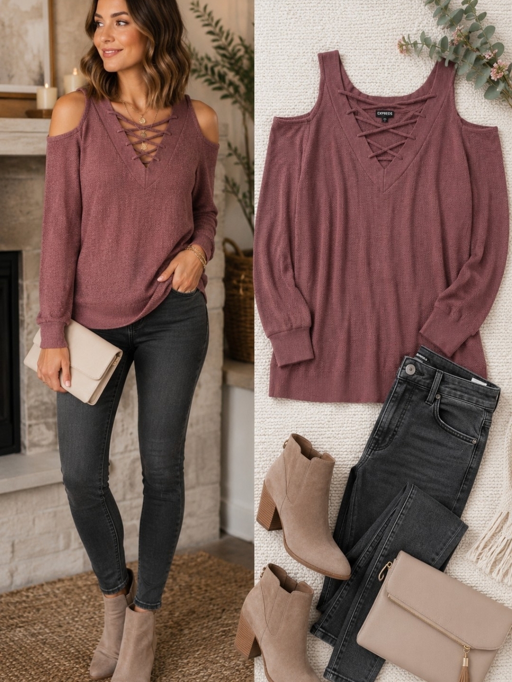 Mauve Cold Shoulder Lace-Up Knit Sweater Top L Dusty Rose Cotton Boho Romantic